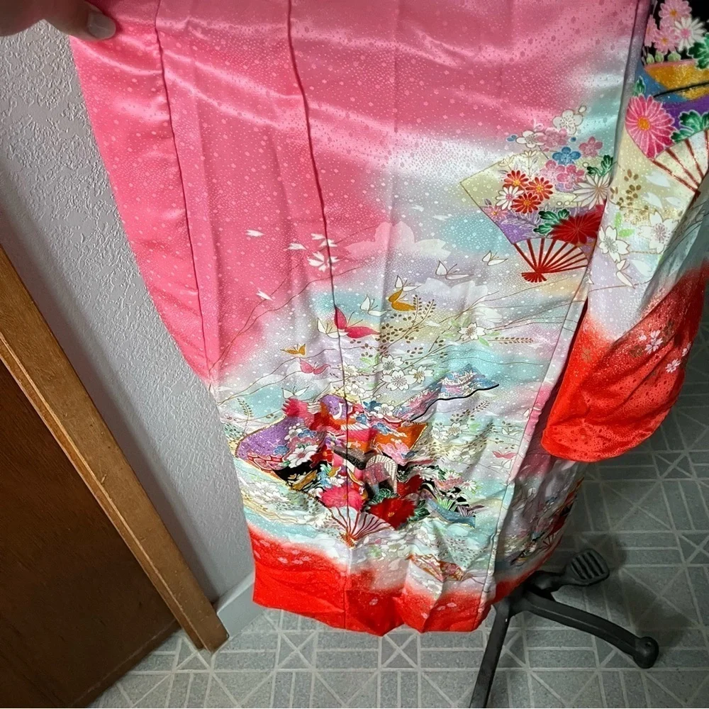 VINTAGE Girl's Pink Kimono Butterflies Flowers Ombre w/ Orange Tie - Picture 12 of 16
